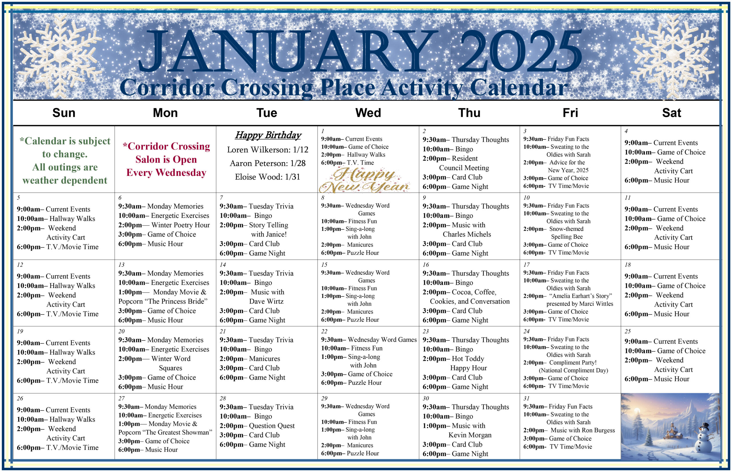 Corridor Crossing Place - Memory Care in Cedar Rapids Iowa - Residential Care Calendar